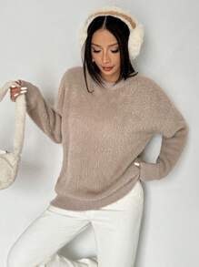 Comfortcana Casual Fluffy Collar Loose Drop Shoulder Sweater, Warm For Autumn/Winter - Khaki - View 4