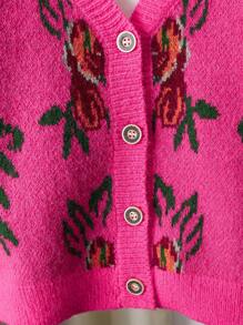 SHEIN V-Neck Long Sleeve Floral Pattern Cardigan Sweater, Fashion Versatile Mid-Length Knitted Top - Hot Pink - View 5