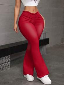 SHEIN ICON Women Waist Ruffle Fringed Flared Casual Versatile Denim Jeans - Red - View 6