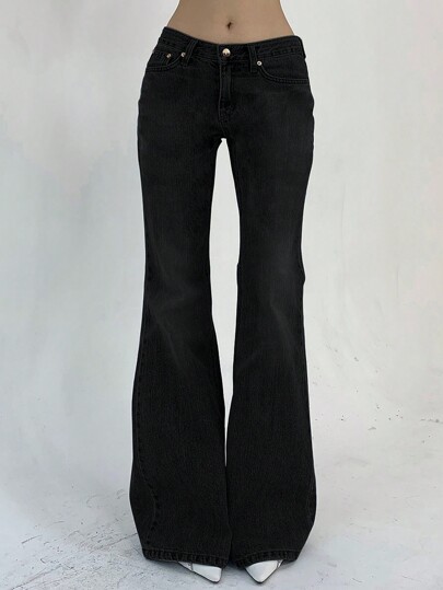 DAZY Women's Solid Color Front Button Pocket Simple Casual Flared Denim Jeans Y2k Streetwear Low Rise Jeans