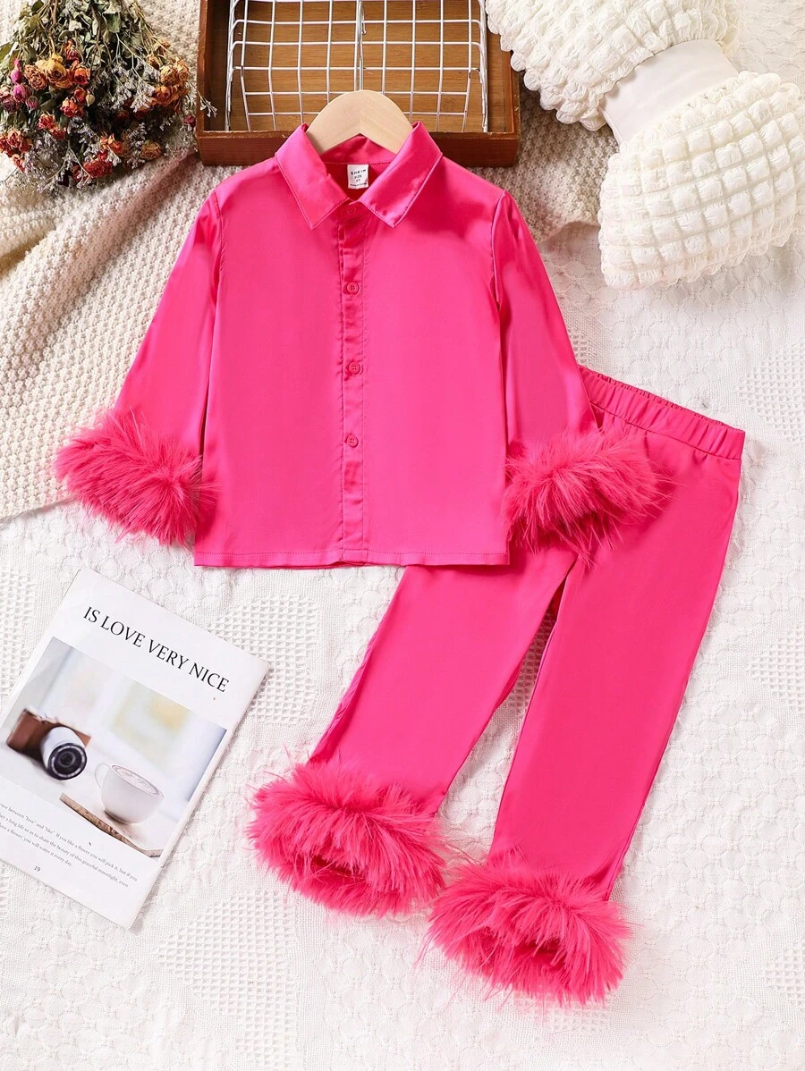 SHEIN 2st/set Ung flicka Elegant långärmad skjorta i satintyg med fluffig manschett och fluffiga byxor, lämplig för vår, höst och vinter - Skrikrosa - Visa 1