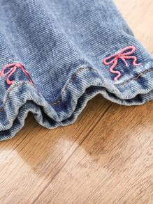 Baby Girl Cute Casual Lovely Pink Bow Knot Embroidered Denim Shirt Dress With Belt - Medium Wash - View 6