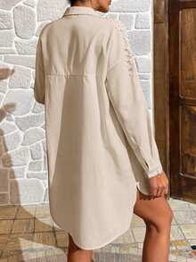 EURMUSE Pearls Beaded Drop Shoulder Shirt - Beige - View 2