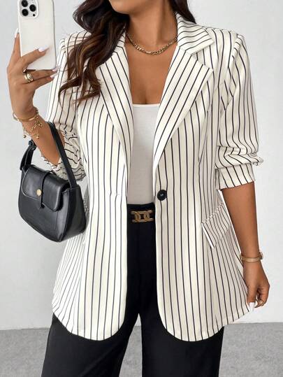 Vionelle Plus Size Elegant Commuter Striped Lapel Single-Breasted Blazer Graduation,Back To School,Teacher Outfits For Women Fall Cloth For Women Autumn