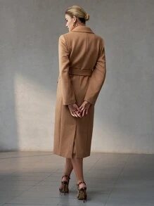 MOTF PREMIUM WOOL LAPEL COLLAR FLAP DETAIL BELTED LONG OVERCOAT - Khaki - View 7