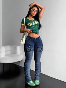 SHEIN ICON 女士前扣口袋休闲牛仔裤，日常穿着