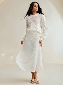 Anewsta Hollow-Out Embroidered Loose Knitted Sweater, Fall Winter - White - View 4