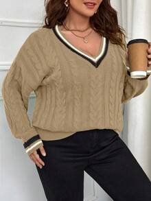 Calvaya Áo len chui đầu tay dài cổ chữ V sọc Colorblock cỡ lớn - Màu Khaki - Xem 4