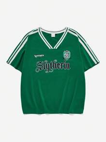 HARRY POTTER X SHEIN 大码女式休闲蛇纹与字母印花撞色条纹边饰宽松短袖 T 恤，夏季