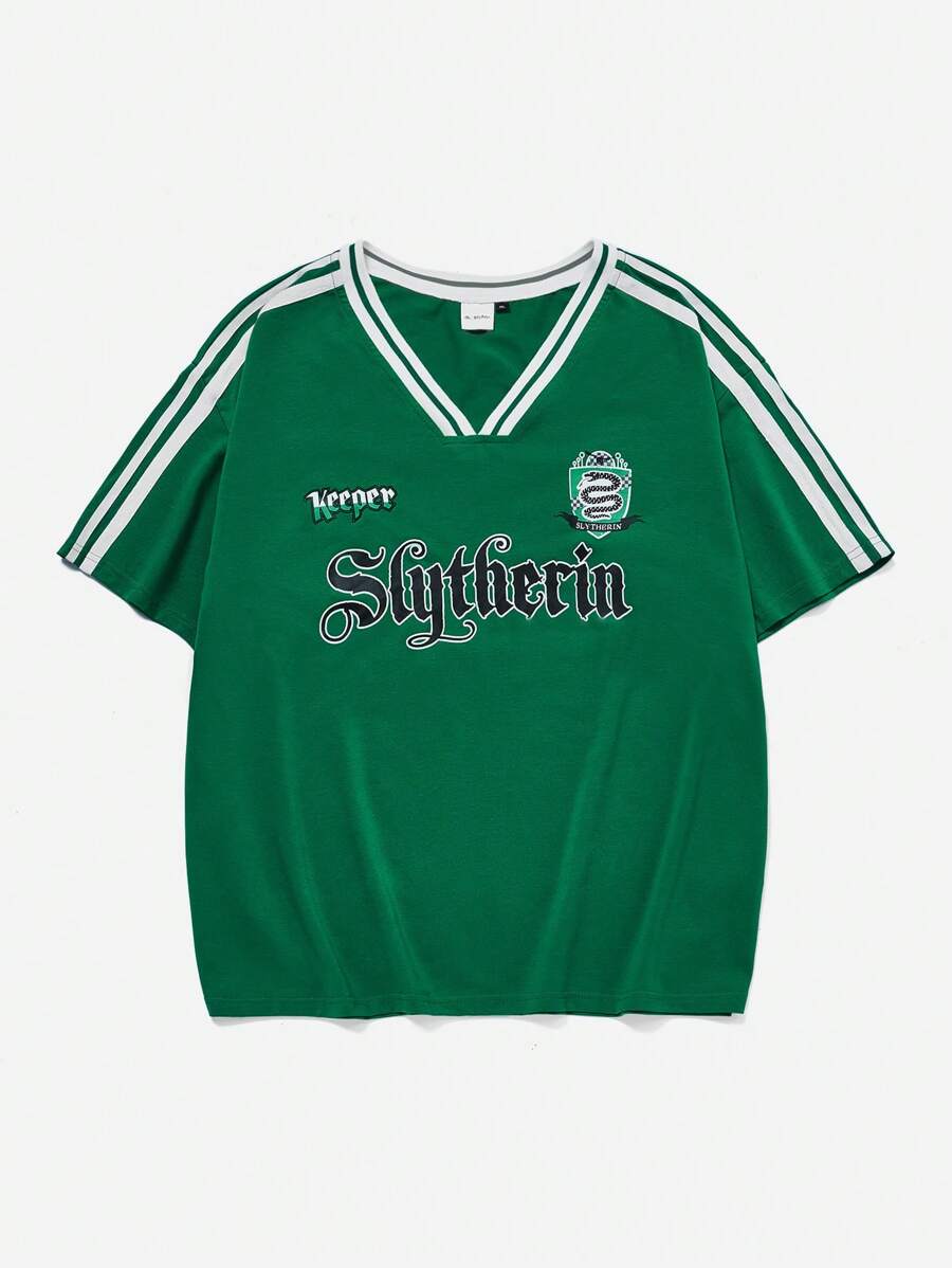 HARRY POTTER X SHEIN 大码女式休闲蛇纹与字母印花撞色条纹边饰宽松短袖 T 恤，夏季