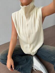 Flirla Women's Casual Solid Color Front Button Knitted Sweater Vest, Autumn/Winter - Apricot - View 1
