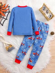 2 件装小男孩紧身超级英雄卡通印花长袖上衣和长裤睡衣套装 - 藍色 - 查看 2