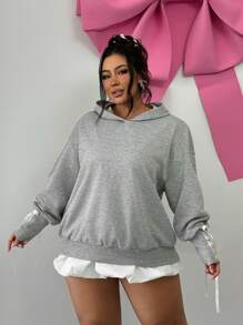 SHEIN SXY Plus Size Grey Hooded Sweatshirt With Bow Tie Decor, Fall/Winter - Grey - View 5