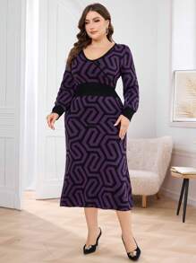 Modelyn Plus Size Women Full Pattern V-Neck Fitted Sweater Dress - Purple - View 3