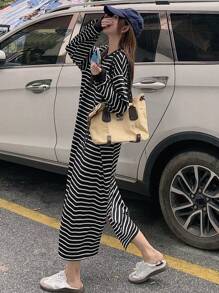 DAZY 女式圆领条纹长袖中长连衣裙，秋季服装 - 黑與白 - 查看 1