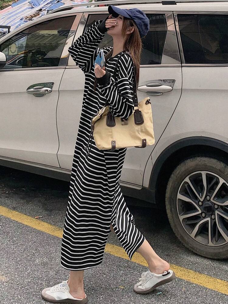 Robe mi-longue à manches longues et col rond rayée pour femmes, vêtements d'automne