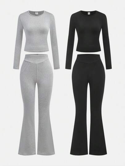 SHEIN ChillGRL 2pcs/Set Teen Girls Plain Round Neck Long Sleeve T-Shirt And Flare Pants Casual Outfit