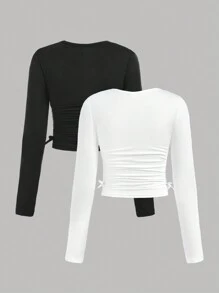 SHEIN Girlism Bộ 2 áo thun dài tay cổ tròn nhún bèo màu trơn thường ngày cho bé gái tuổi teen - Đen và trắng - Xem 2