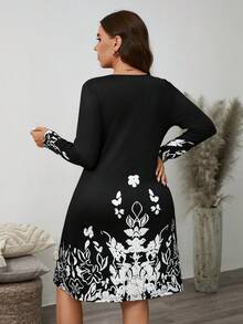 SHEIN LUNE Vestido de manga larga ajustado con cuello con muesca y estampado de plantas en blanco y negro, tallas grandes, para mujeres - Blanco y Negro - Ver 6
