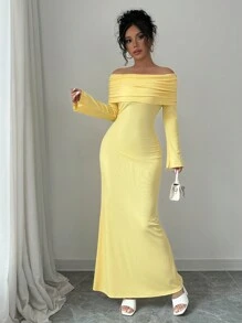 Rafferiza Váy len dệt kim co giãn nhún bèo trễ vai thanh lịch quyến rũ màu mù tạt với thiết kế viền đuôi cá peplum, dành cho mùa đông - Màu vàng - Xem 4