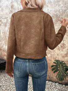 SHEIN LUNE Chaqueta casual con cremallera y cuello de piel sintética para mujer, primavera/otoño - Marrón - Ver 2