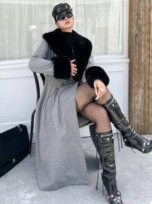 SHEIN Unity Plus Size Color-Block Fluffy Collar Long Coat, Autumn/Winter