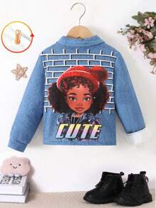 SHEIN Young Girl Letter & Figure Graphic Thermal Lined Jacket - Blue - View 1