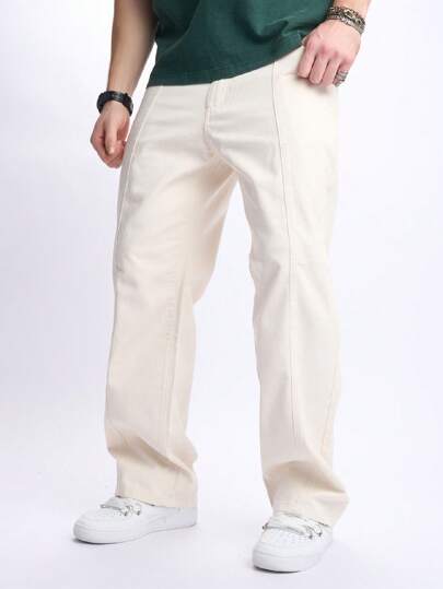 RONVEXI Jeans casuales de pierna recta y ajuste holgado con bolsillos para hombres, jeans de carga de color caqui lavado liso y suelto, jeans ligeros, regalos para esposo o novio