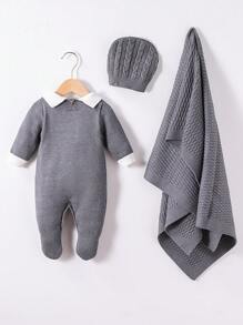 Pelele de suéter para niños pequeños con cuello, mono de punto de manga larga con pantalones con pies, mono versátil gris y gris oscuro para recién nacidos e infantes, cómodo y cálido para otoño/invierno