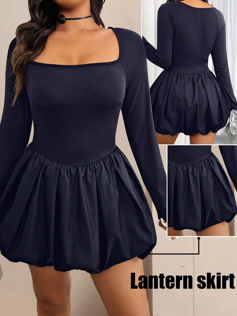 Flirla Plus Size Casual Solid Color Patchwork Ruffled Hem Long Dress, Autumn - Navy Blue - View 1