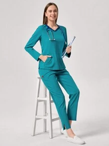 TaskEZ Women Long Sleeve Top & Pants Uniform Scrub Set - Blue - View 1