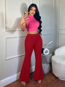 SHEIN SXY 低腰纯色喇叭腿紧身西装裤派对性感优雅秋冬季约会之夜派对 - 紅色 - 查看 4