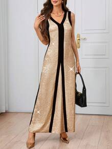 SHEIN Clasi Damen Farbblock V-Ausschnitt Lässiges weites Lang Tank Kleid