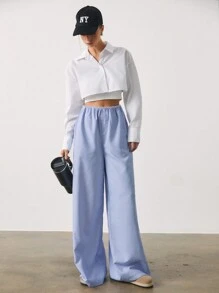 SURIMA Pantalones casuales y de trabajo rectos y holgados de unicolor con botones para mujer