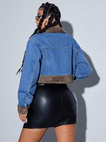 Plus Size Women Autumn Color Block Lapel Long Sleeve Single Breasted Short Casual Denim Thermal Jacket Thickened Denim