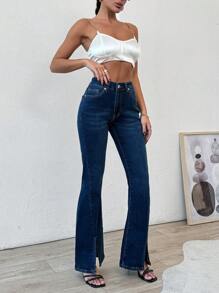 RueChic Jeans évasés avec taille mi-haute, poches en biais et fente à l'ourlet