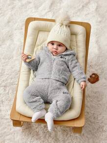 SHEIN 新生男童/女童可爱刺绣字母连帽夹克和裤子 2 件套，秋冬 - 淺灰色 - 查看 15