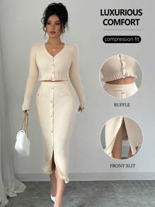 RosyDaze 2pcs/Set Casual Solid Color Cardigan And Knitted Skirt Set, For Spring & Fall - Apricot - View 1