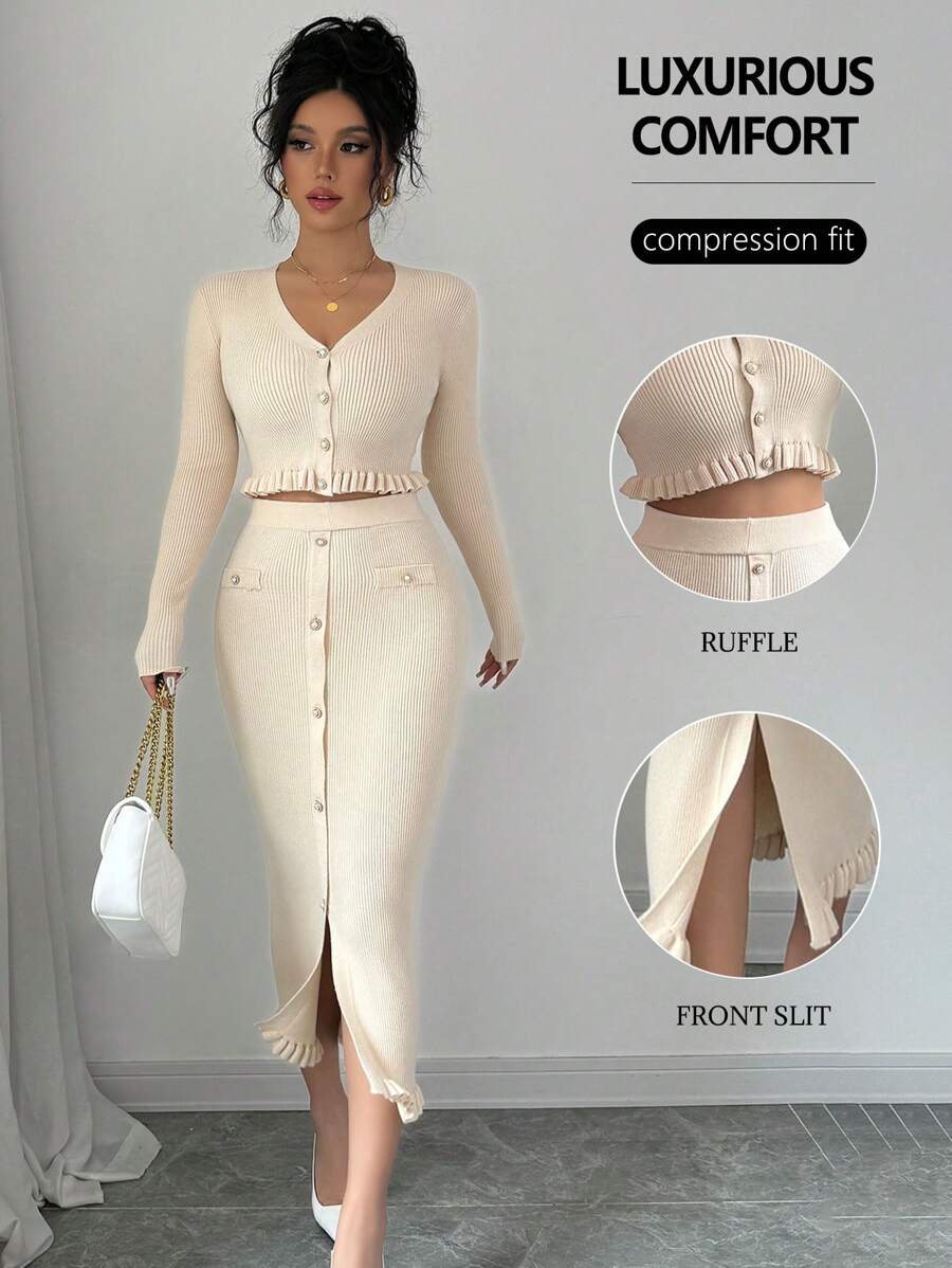 RosyDaze 2pcs/Set Casual Solid Color Cardigan And Knitted Skirt Set, For Spring & Fall - Apricot - View 1