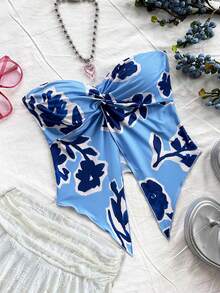 Soleia 女士蓝色系列抽象花卉印花吊带前开衩下摆真丝混纺背心，度假装 - 藍色 - 查看 2