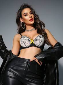 SHEIN Sujetador de copa 3/4 sin forro bordado sexy para damas - Negro - Ver 3