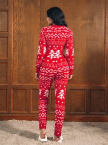 BamGleam Bộ quần áo len dài tay cài nút hình cây thông Noel và tuần lộc đỏ và bông tuyết mới cho phụ nữ cho quần áo năm mới - Đỏ - Xem 2