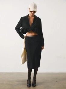 SHEIN Unity 女式纯色缺口领长袖短款休闲工作夹克，秋季 - 黑色 - 查看 3