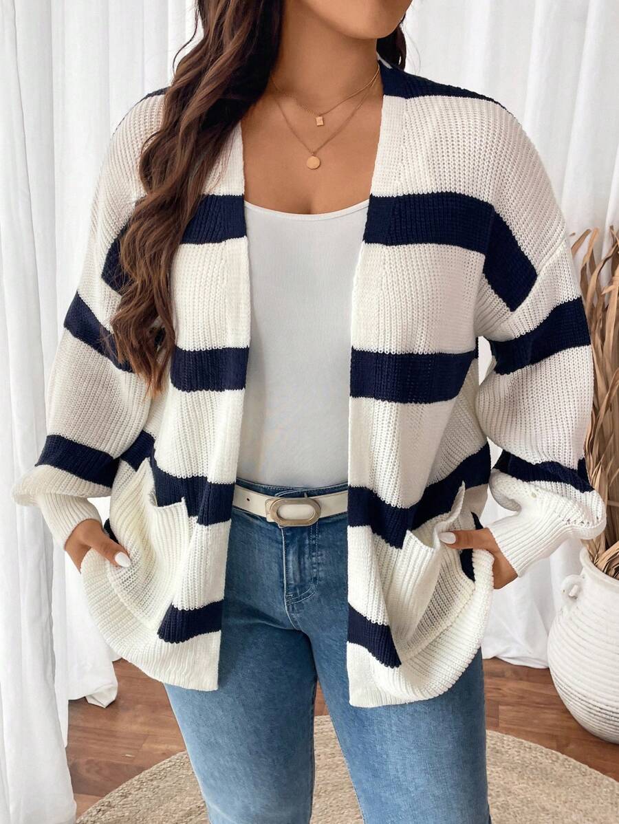 EMERY ROSE Áo len cardigan dệt kim thường ngày sọc xanh trắng cỡ lớn, dành cho mùa đông - Xanh và trắng - Xem 1