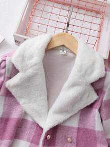 SHEIN Plaid Fluffy Lapel Jacket For Tween Girl - Pink - View 6