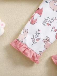 SHEIN Playful Pals 2 件装女婴粉色花卉印花荷叶边袖裤子和长袖休闲舒适家居服套装