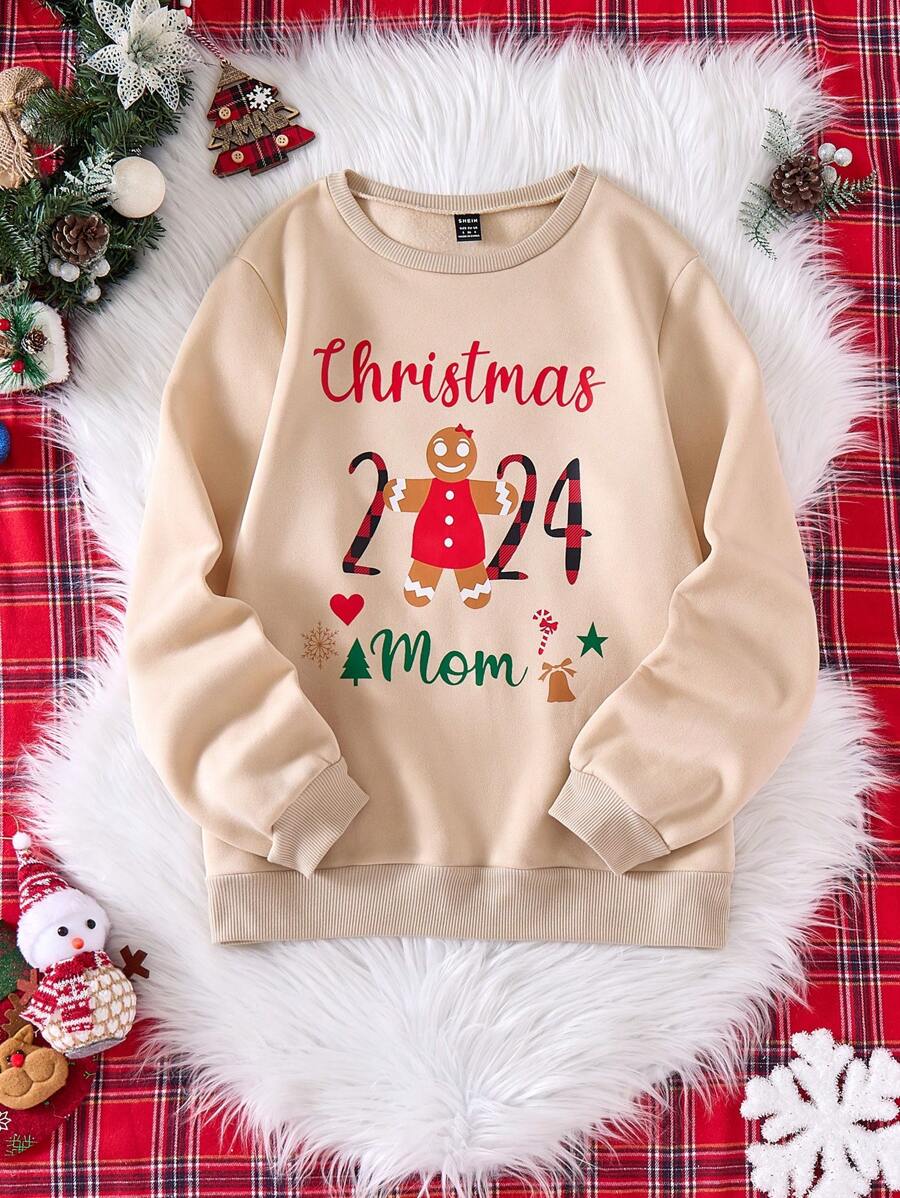 家庭亲子圣诞卫衣，女士圆领抓绒套头衫，趣味圣诞印花图案——圣诞老人、圣诞树、雪花、拐杖糖、星星、铃铛——休闲保暖，长袖上衣，秋季必备 - 駝色 - 查看 1