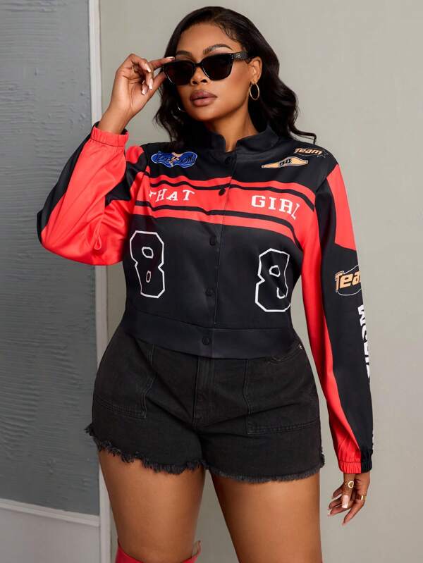 Slaydiva Plus Size Black & Red Contrast Color Long Sleeve Cropped Fall Winter Jacket - Z