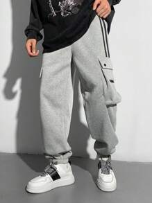 SHEIN Tween Boys' Casual Striped Pocket Zipper Ribbed Cuff Sweatpants, Contrast Drawstring, Versatile For Daily Wear, Spring/Summer/Autumn/Winter, School/Street Style