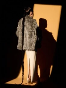 Lumalex 冬季感恩节新年感恩节狂欢节正式舞会新年除夕蓬松宽松女式冬季长袖外套 - 銅色 - 查看 2